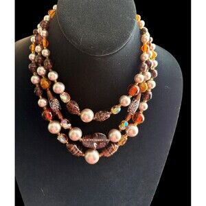 Vintage Signed Japan Three Strand Beaded Necklace Faux Pearl Lampwork Glass